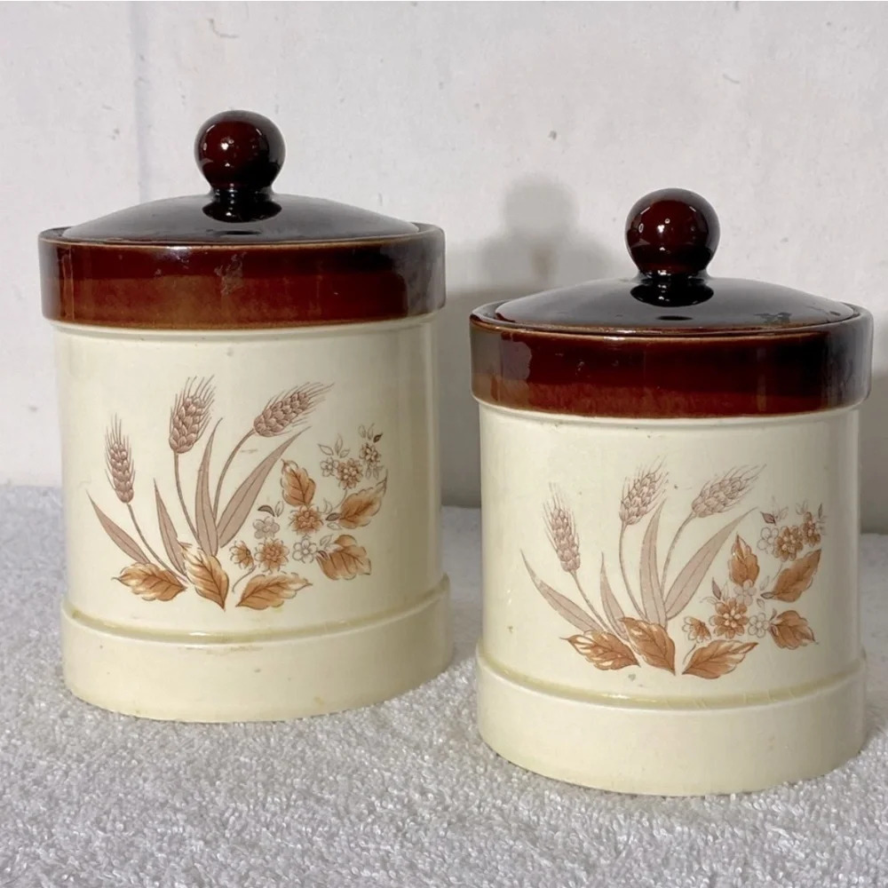 Vintage Japan Ceramic Brown Cream Crock Canisters With Wheat Pattern x2